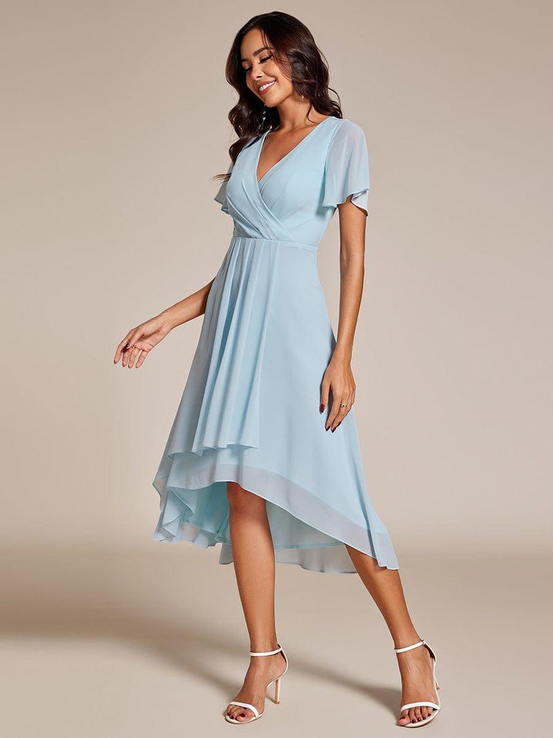 ever LARK|Ruffles Sleeve Pleated V-Neck A-Line Midi Chiffon Wedding Guest Dress