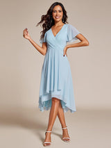 ever LARK|Ruffles Sleeve Pleated V-Neck A-Line Midi Chiffon Wedding Guest Dress