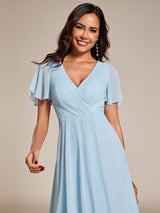 ever LARK|Ruffles Sleeve Pleated V-Neck A-Line Midi Chiffon Wedding Guest Dress