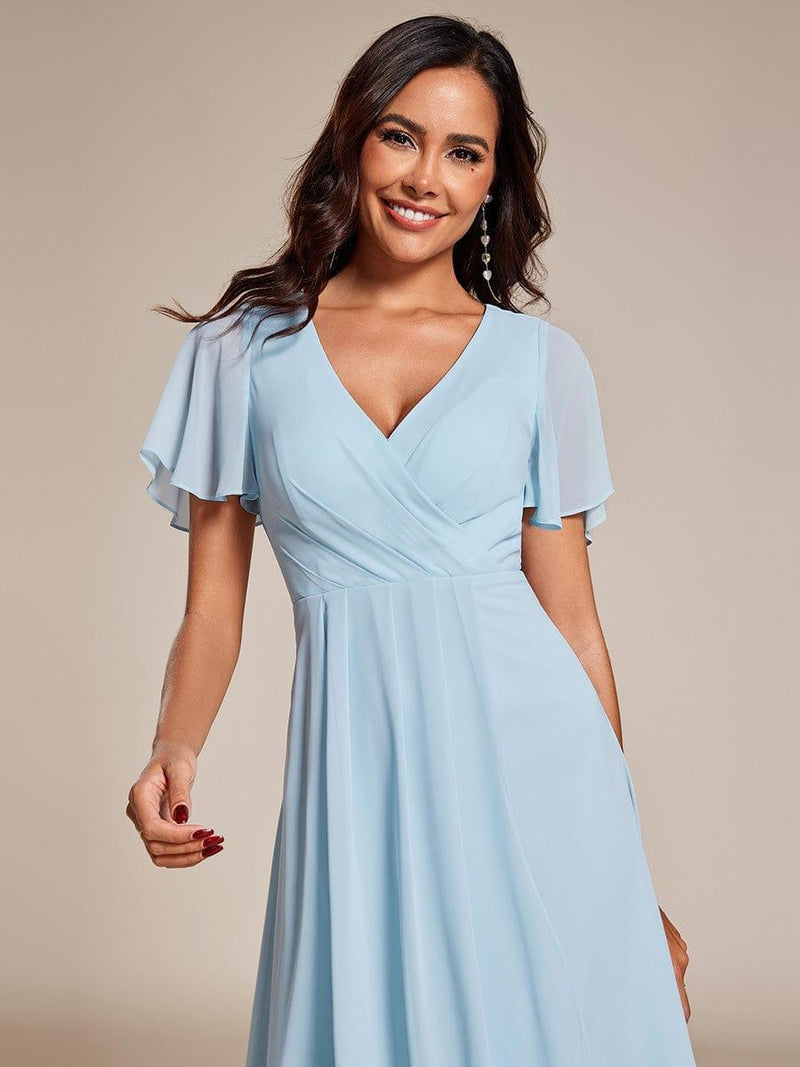 ever LARK|Ruffles Sleeve Pleated V-Neck A-Line Midi Chiffon Wedding Guest Dress