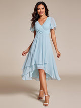 ever LARK|Ruffles Sleeve Pleated V-Neck A-Line Midi Chiffon Wedding Guest Dress