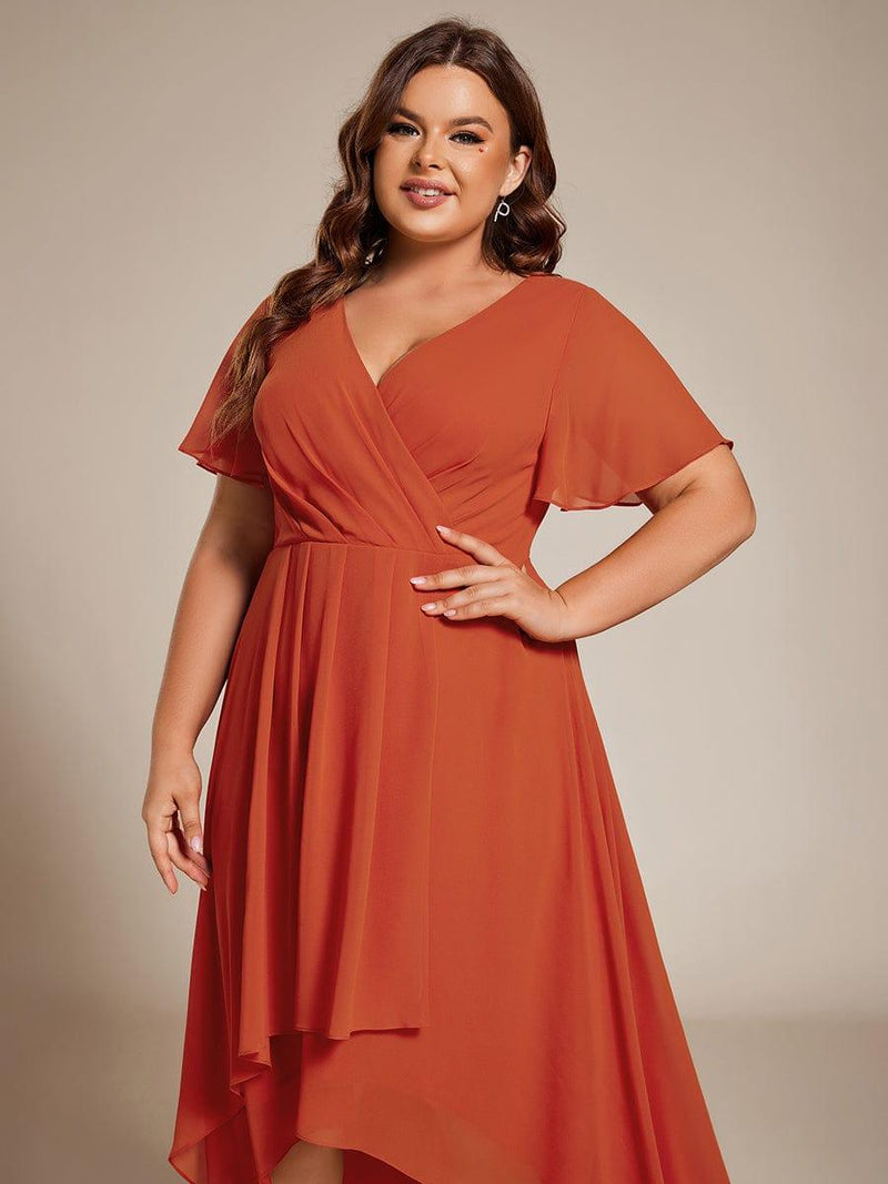 ever LARK|Ruffles Sleeve Pleated V-Neck A-Line Midi Chiffon Wedding Guest Dress