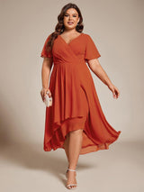 ever LARK|Ruffles Sleeve Pleated V-Neck A-Line Midi Chiffon Wedding Guest Dress