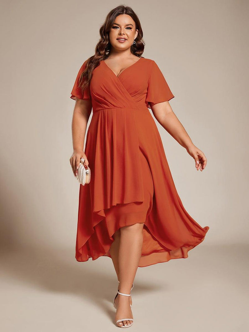 ever LARK|Ruffles Sleeve Pleated V-Neck A-Line Midi Chiffon Wedding Guest Dress