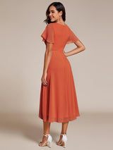 ever LARK|Ruffles Sleeve Pleated V-Neck A-Line Midi Chiffon Wedding Guest Dress