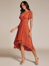 ever LARK|Ruffles Sleeve Pleated V-Neck A-Line Midi Chiffon Wedding Guest Dress