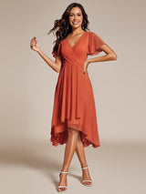 ever LARK|Ruffles Sleeve Pleated V-Neck A-Line Midi Chiffon Wedding Guest Dress