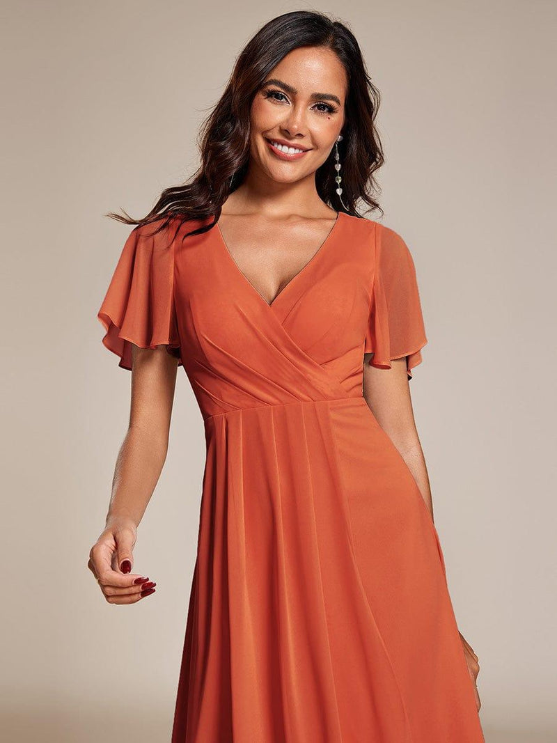 ever LARK|Ruffles Sleeve Pleated V-Neck A-Line Midi Chiffon Wedding Guest Dress