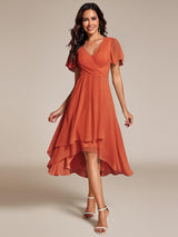 ever LARK|Ruffles Sleeve Pleated V-Neck A-Line Midi Chiffon Wedding Guest Dress