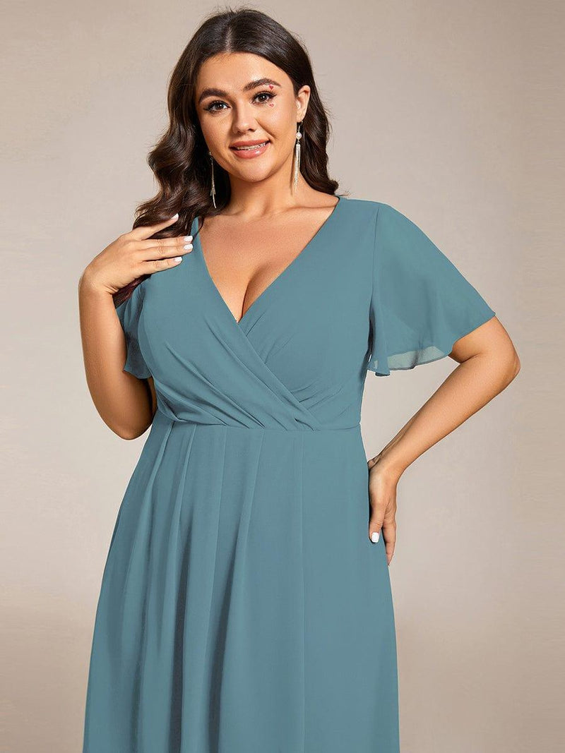ever LARK|Ruffles Sleeve Pleated V-Neck A-Line Midi Chiffon Wedding Guest Dress