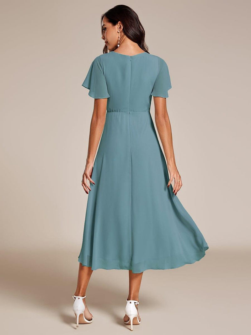 ever LARK|Ruffles Sleeve Pleated V-Neck A-Line Midi Chiffon Wedding Guest Dress