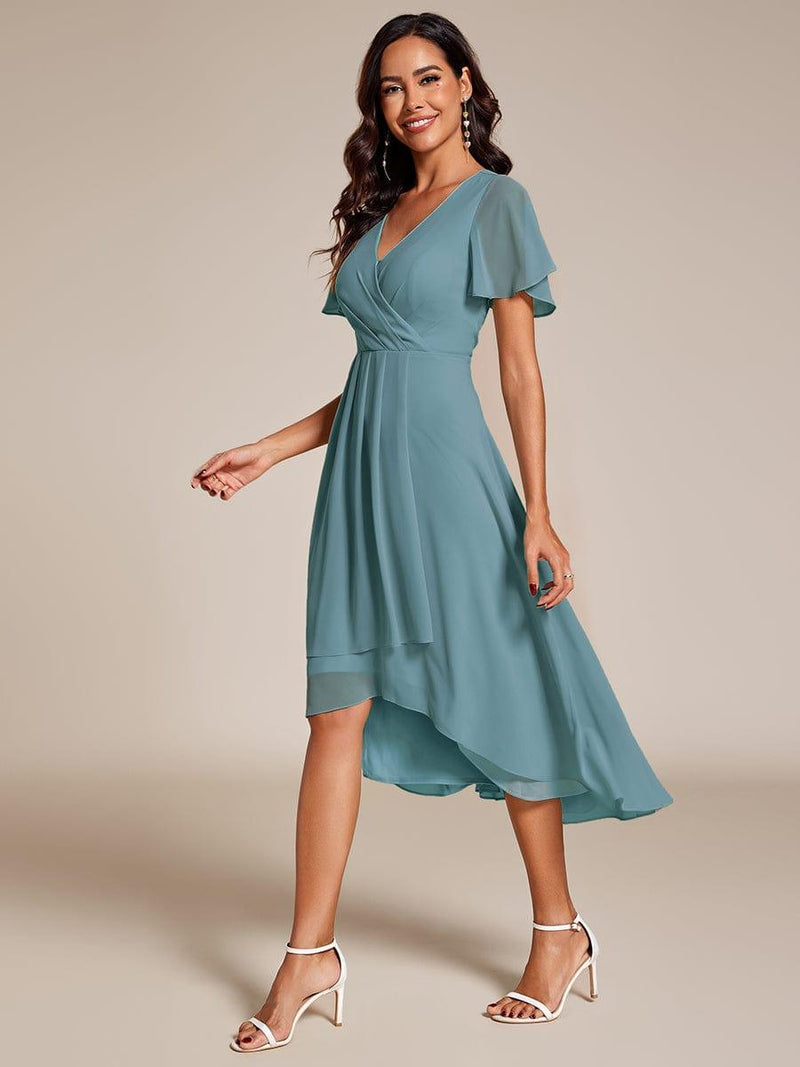 ever LARK|Ruffles Sleeve Pleated V-Neck A-Line Midi Chiffon Wedding Guest Dress