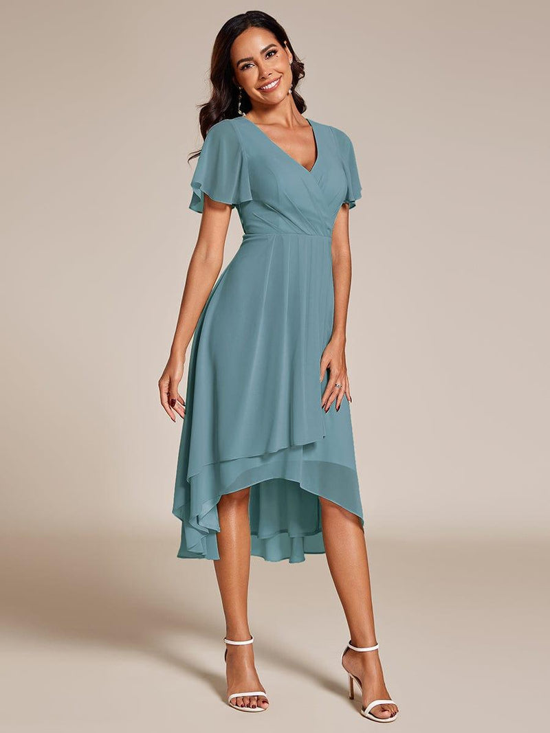 ever LARK|Ruffles Sleeve Pleated V-Neck A-Line Midi Chiffon Wedding Guest Dress