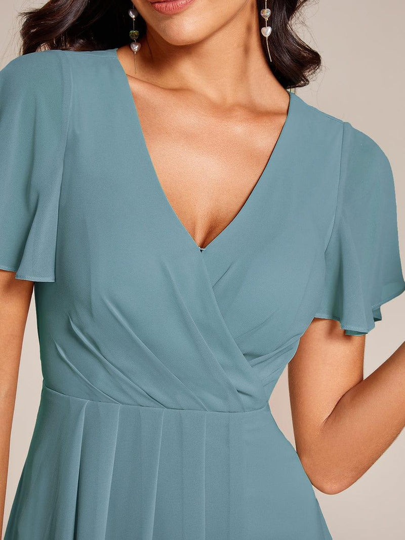 ever LARK|Ruffles Sleeve Pleated V-Neck A-Line Midi Chiffon Wedding Guest Dress