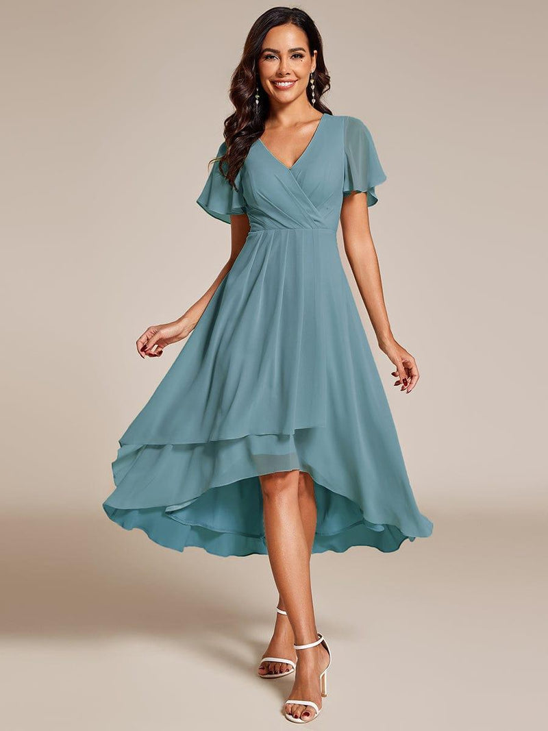 ever LARK|Ruffles Sleeve Pleated V-Neck A-Line Midi Chiffon Wedding Guest Dress