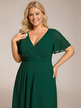 ever LARK|Ruffles Sleeve Pleated V-Neck A-Line Midi Chiffon Wedding Guest Dress