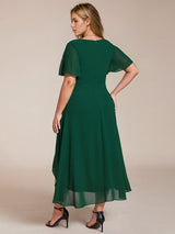 ever LARK|Ruffles Sleeve Pleated V-Neck A-Line Midi Chiffon Wedding Guest Dress