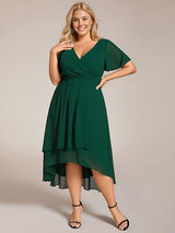 ever LARK|Ruffles Sleeve Pleated V-Neck A-Line Midi Chiffon Wedding Guest Dress