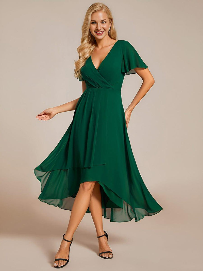 ever LARK|Ruffles Sleeve Pleated V-Neck A-Line Midi Chiffon Wedding Guest Dress