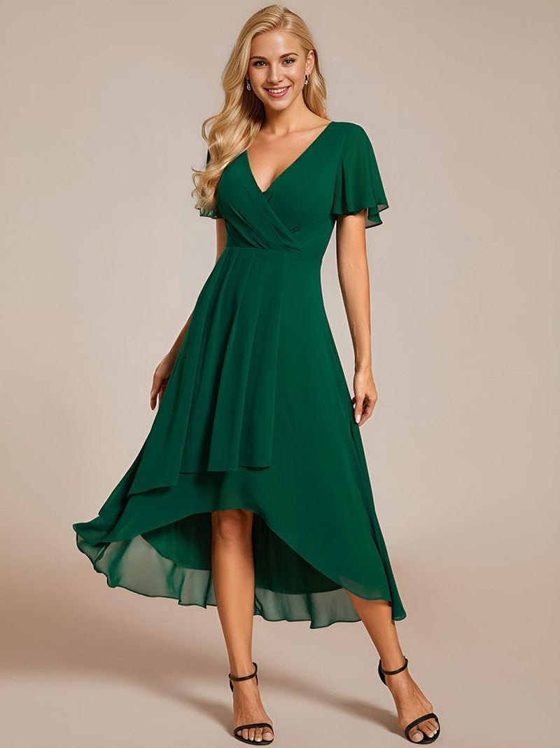 ever LARK|Ruffles Sleeve Pleated V-Neck A-Line Midi Chiffon Wedding Guest Dress