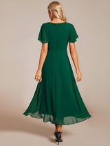 ever LARK|Ruffles Sleeve Pleated V-Neck A-Line Midi Chiffon Wedding Guest Dress