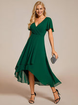 ever LARK|Ruffles Sleeve Pleated V-Neck A-Line Midi Chiffon Wedding Guest Dress
