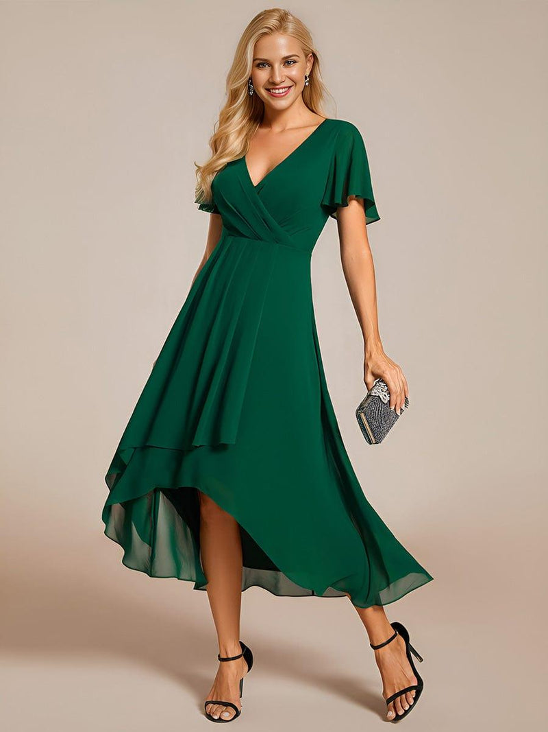 ever LARK|Ruffles Sleeve Pleated V-Neck A-Line Midi Chiffon Wedding Guest Dress