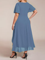 ever LARK|Ruffles Sleeve Pleated V-Neck A-Line Midi Chiffon Wedding Guest Dress