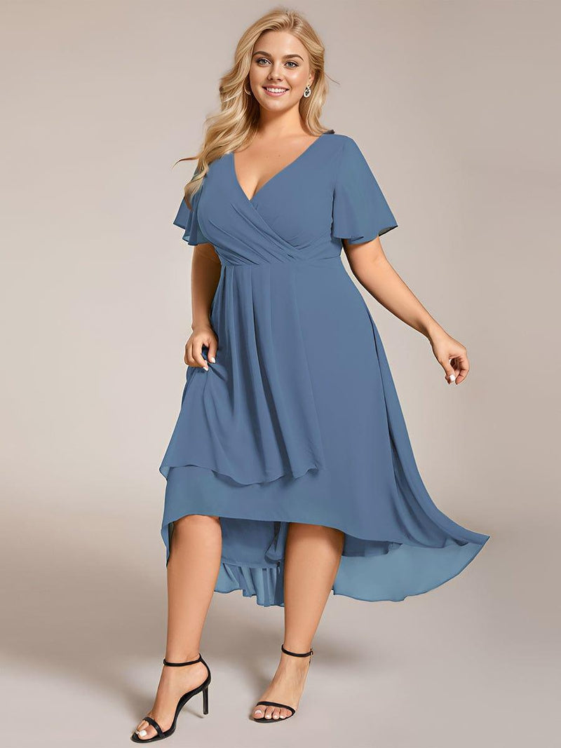 ever LARK|Ruffles Sleeve Pleated V-Neck A-Line Midi Chiffon Wedding Guest Dress