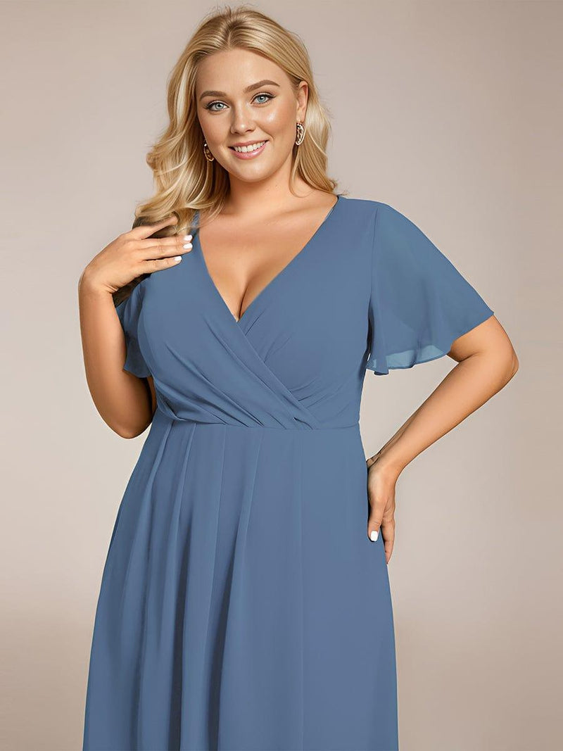 ever LARK|Ruffles Sleeve Pleated V-Neck A-Line Midi Chiffon Wedding Guest Dress