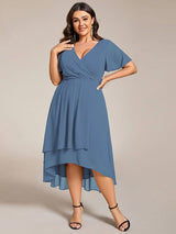 pretty LARK|Plus Size Chiffon Short Sleeves Pleated V-Neck A-Line Midi Wedding Guest Dress