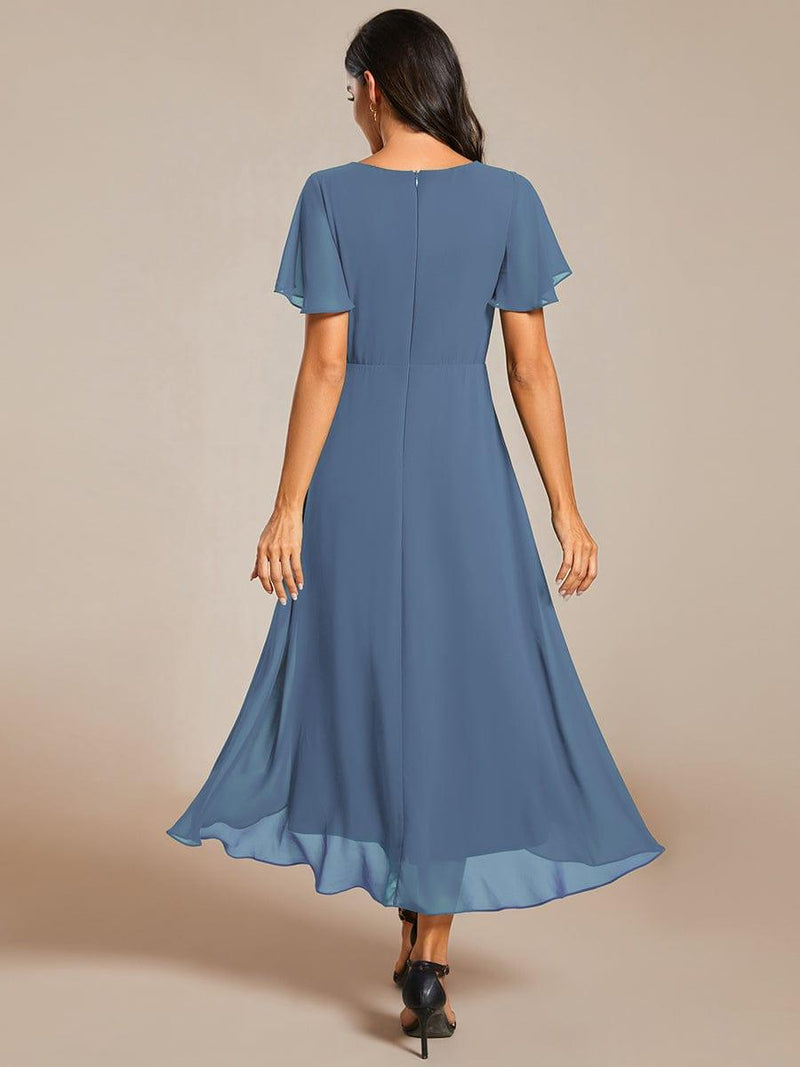 ever LARK|Ruffles Sleeve Pleated V-Neck A-Line Midi Chiffon Wedding Guest Dress