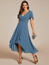 ever LARK|Ruffles Sleeve Pleated V-Neck A-Line Midi Chiffon Wedding Guest Dress