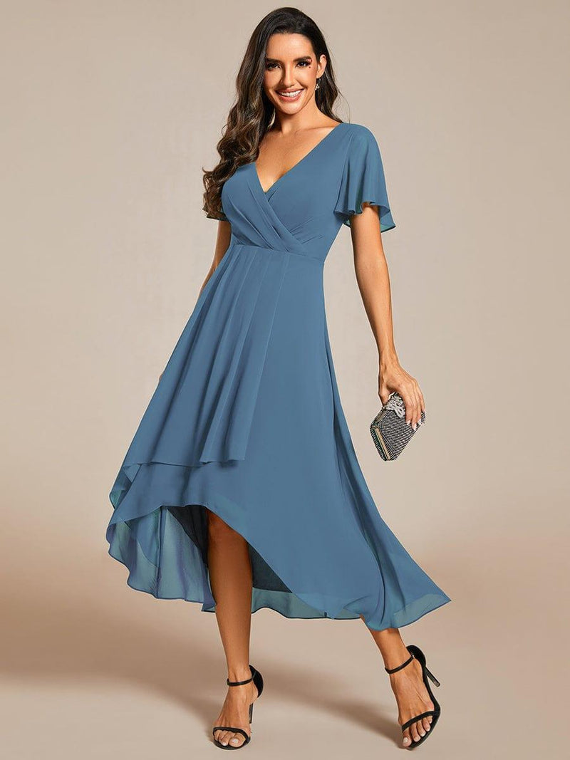ever LARK|Ruffles Sleeve Pleated V-Neck A-Line Midi Chiffon Wedding Guest Dress