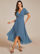 ever LARK|Ruffles Sleeve Pleated V-Neck A-Line Midi Chiffon Wedding Guest Dress