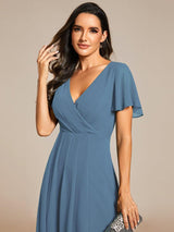 ever LARK|Ruffles Sleeve Pleated V-Neck A-Line Midi Chiffon Wedding Guest Dress
