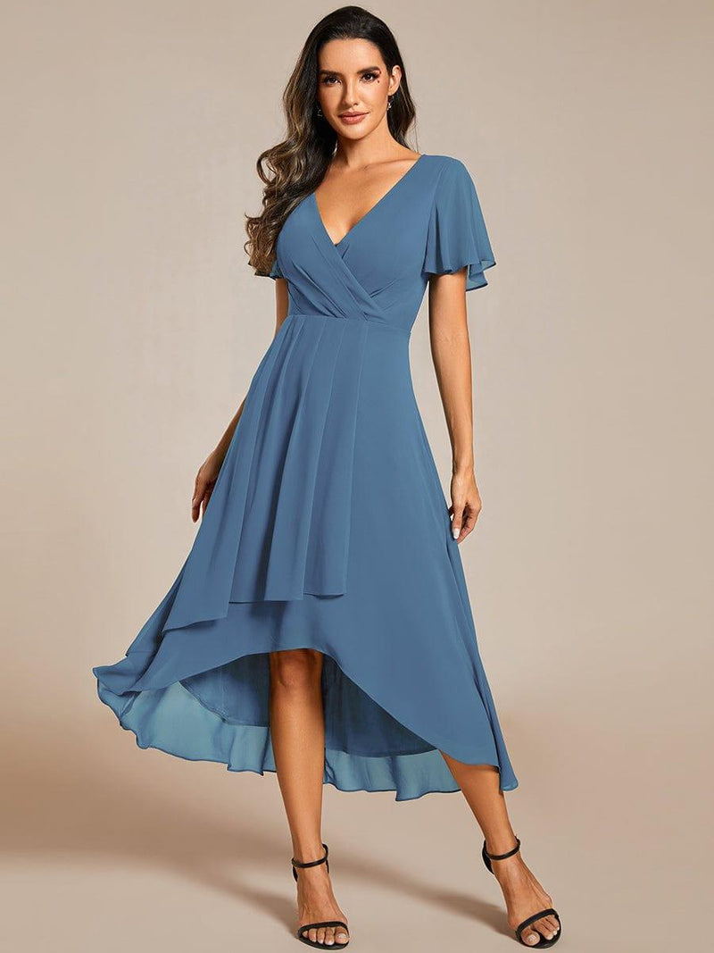 ever LARK|Ruffles Sleeve Pleated V-Neck A-Line Midi Chiffon Wedding Guest Dress