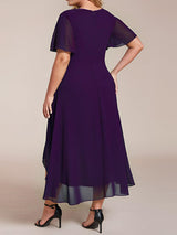 ever LARK|Ruffles Sleeve Pleated V-Neck A-Line Midi Chiffon Wedding Guest Dress