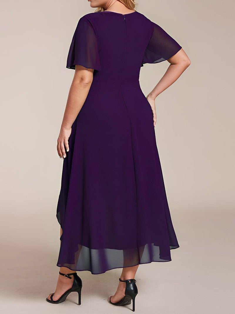 ever LARK|Ruffles Sleeve Pleated V-Neck A-Line Midi Chiffon Wedding Guest Dress