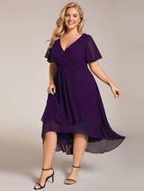 ever LARK|Ruffles Sleeve Pleated V-Neck A-Line Midi Chiffon Wedding Guest Dress