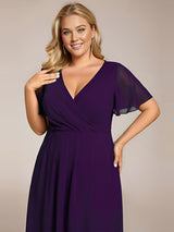 ever LARK|Ruffles Sleeve Pleated V-Neck A-Line Midi Chiffon Wedding Guest Dress