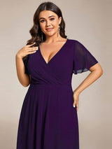 pretty LARK|Plus Size Chiffon Short Sleeves Pleated V-Neck A-Line Midi Wedding Guest Dress
