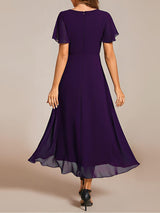 ever LARK|Ruffles Sleeve Pleated V-Neck A-Line Midi Chiffon Wedding Guest Dress