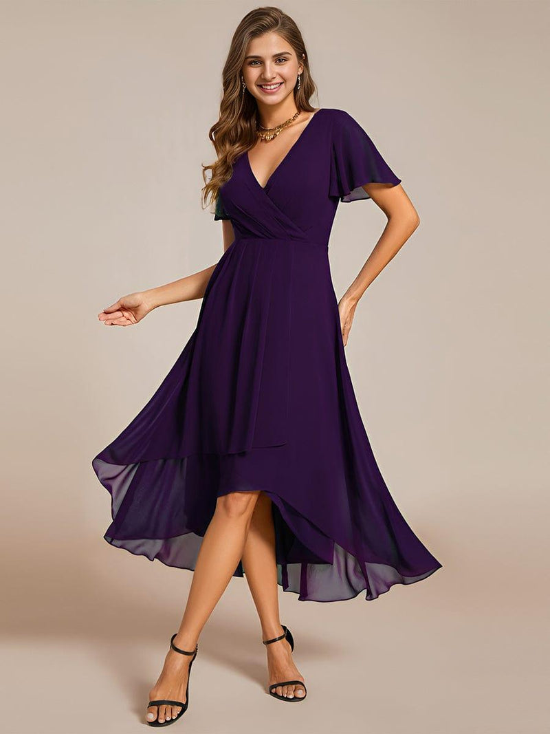ever LARK|Ruffles Sleeve Pleated V-Neck A-Line Midi Chiffon Wedding Guest Dress
