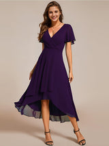 ever LARK|Ruffles Sleeve Pleated V-Neck A-Line Midi Chiffon Wedding Guest Dress