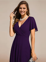ever LARK|Ruffles Sleeve Pleated V-Neck A-Line Midi Chiffon Wedding Guest Dress