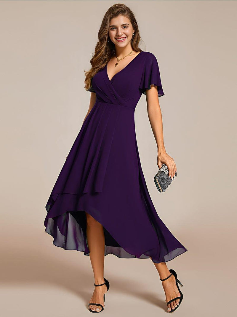 ever LARK|Ruffles Sleeve Pleated V-Neck A-Line Midi Chiffon Wedding Guest Dress