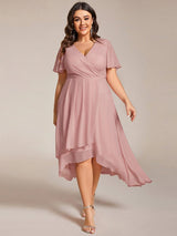 pretty LARK|Plus Size Chiffon Short Sleeves Pleated V-Neck A-Line Midi Wedding Guest Dress