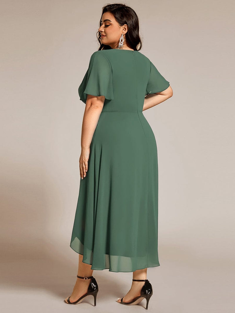 ever LARK|Ruffles Sleeve Pleated V-Neck A-Line Midi Chiffon Wedding Guest Dress