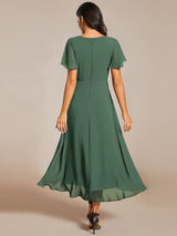 ever LARK|Ruffles Sleeve Pleated V-Neck A-Line Midi Chiffon Wedding Guest Dress